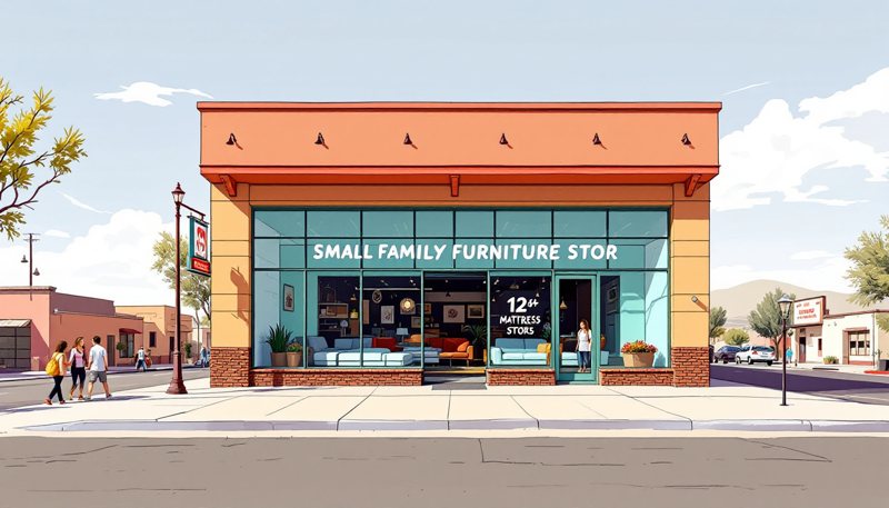 Ilustración de una mueblería pequeña en una calle céntrica soleada